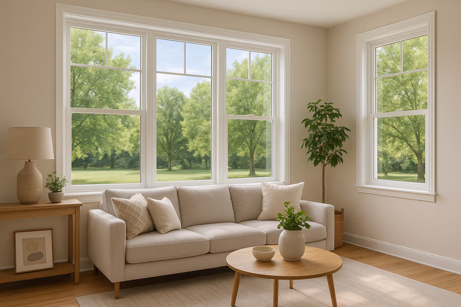 Newly installed energy-efficient vinyl windows from Ridge Top Exteriors letting in natural light in a modern living room.